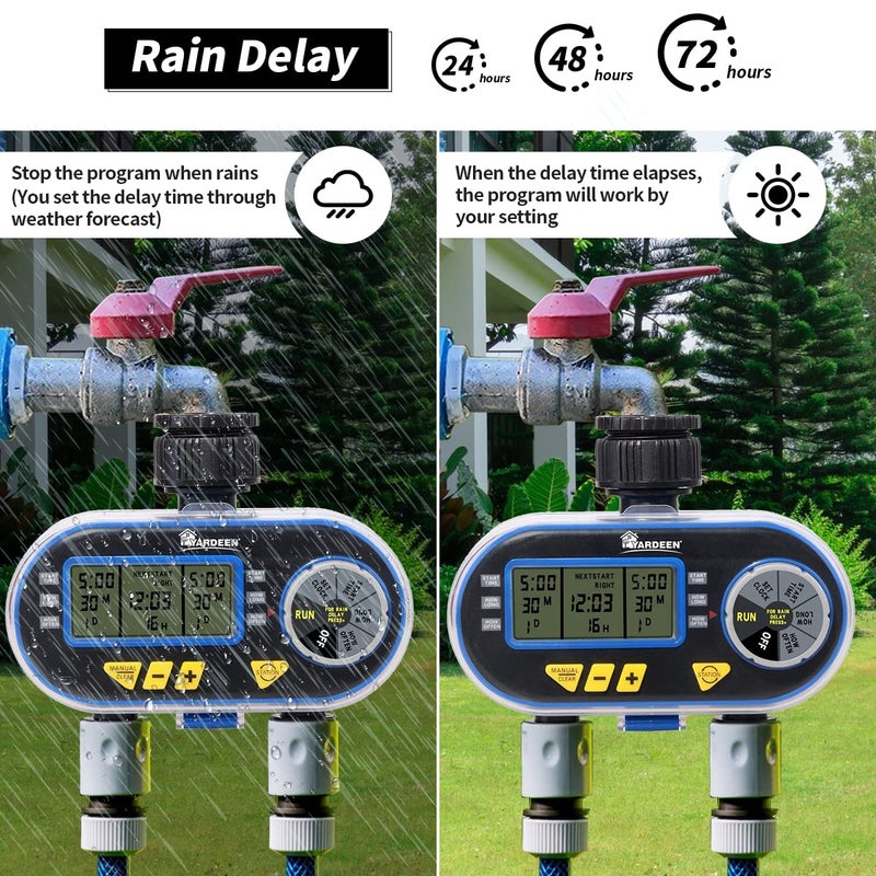 Yardeen Sprinkler Timer for Garden Hose, Programmable Hose Timer with Rain Delay/Manual/2 Solenoid Valves Garden Electronic Irrigation Controller System Color Blue - Image 3